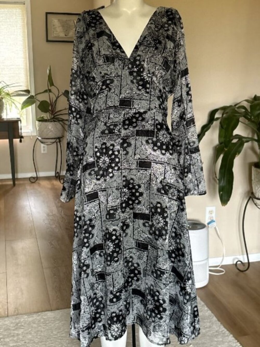 The Kooples Black Grey Dark Floral Chiffon Midi Dress Long Sleeve V-Neck NWT S